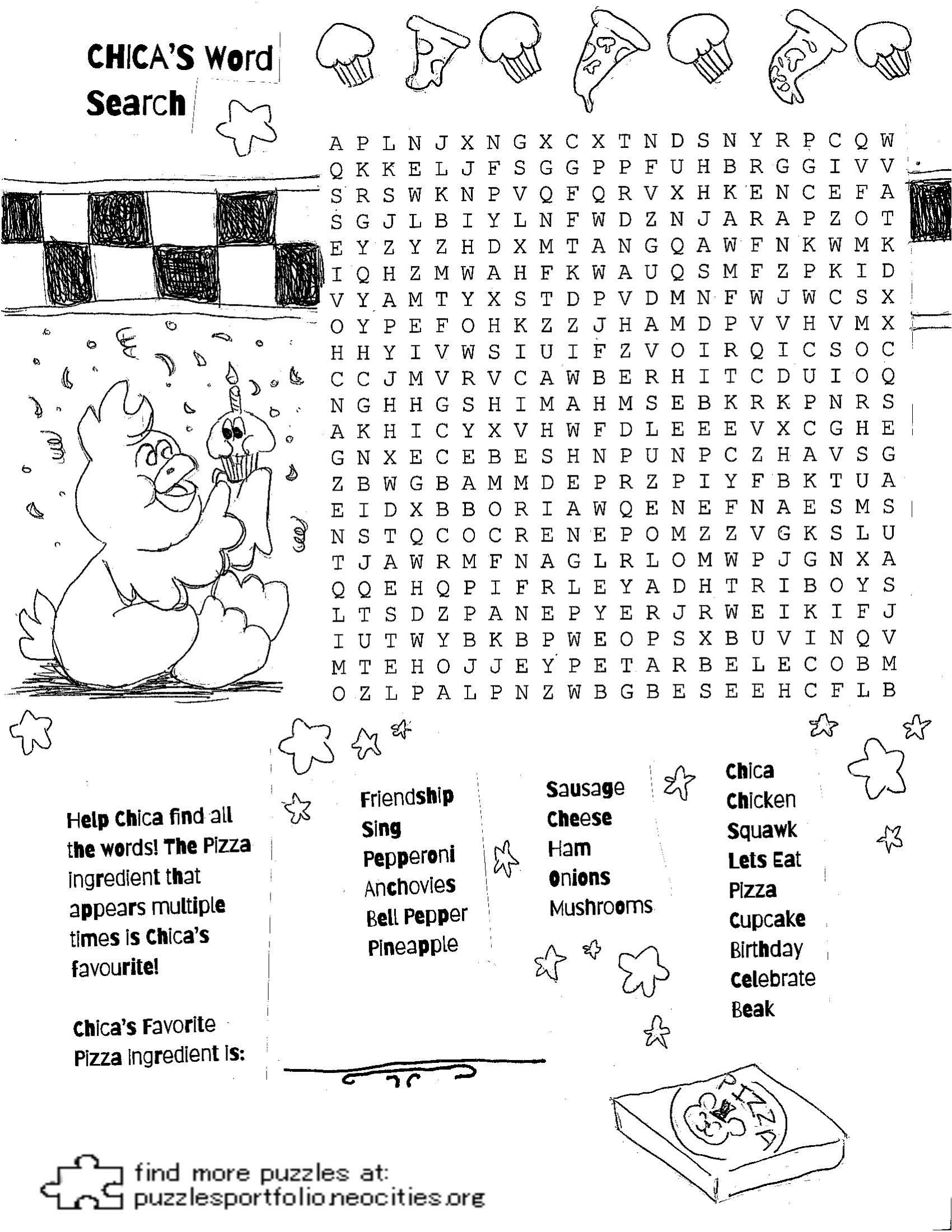 chica word search, pizza topping puzzle